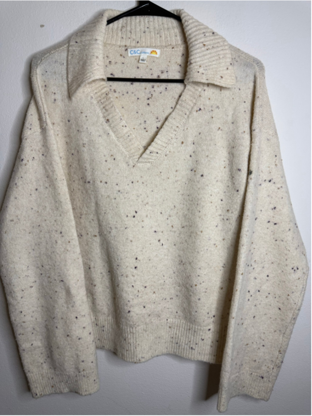 Women's C&C California Speckled Beige Black Collared Sweater Size L